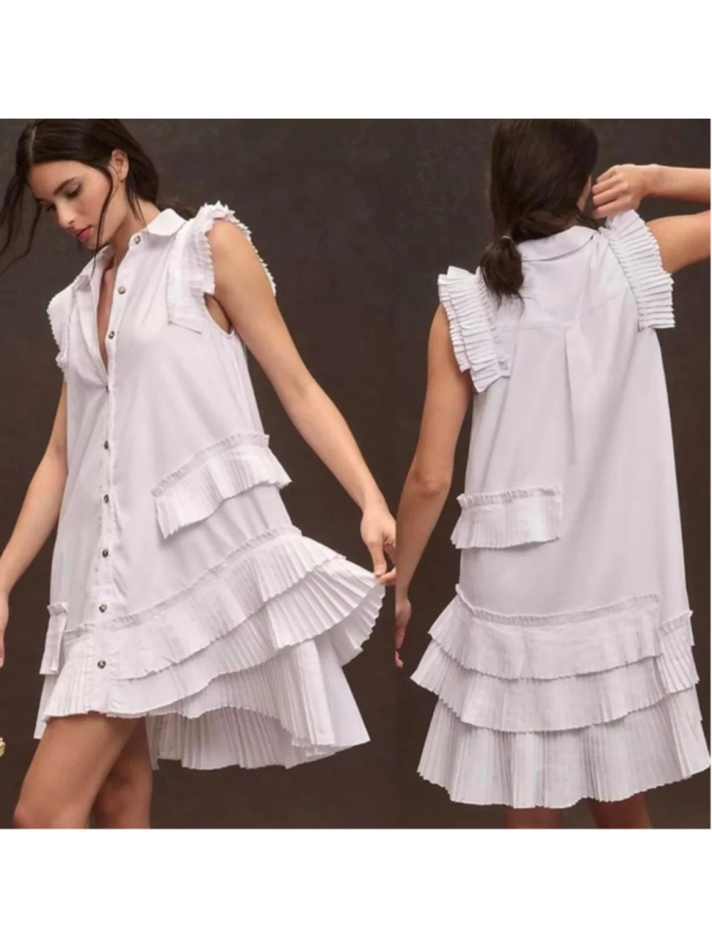 Anthropologie White ruffle sleeveless button down dress - Size XS